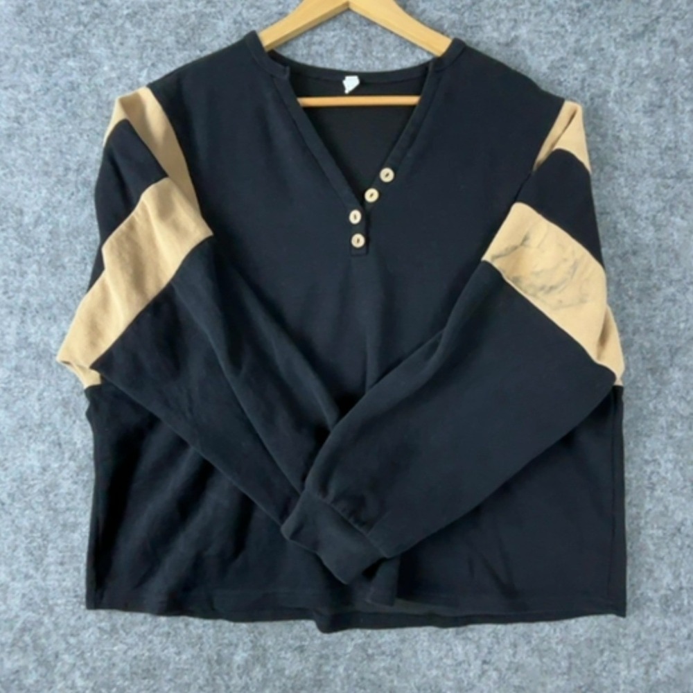 Henley Knit Top XL Black Tan Color Block Long Sleeve Casual Retro Style